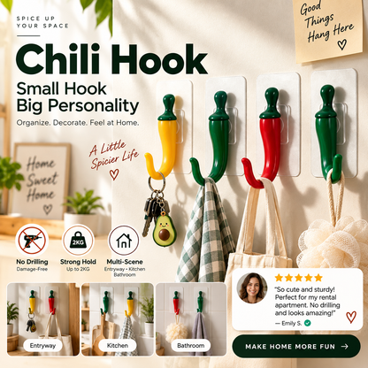 🌶️ Chili-Shaped No-Drill Wall Hooks – Fun Adhesive Storage for Keys, Towels & More