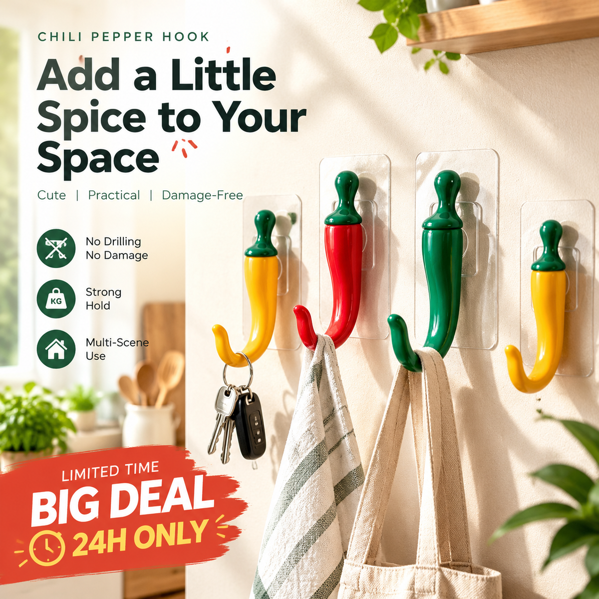 🌶️ Chili-Shaped No-Drill Wall Hooks – Fun Adhesive Storage for Keys, Towels & More