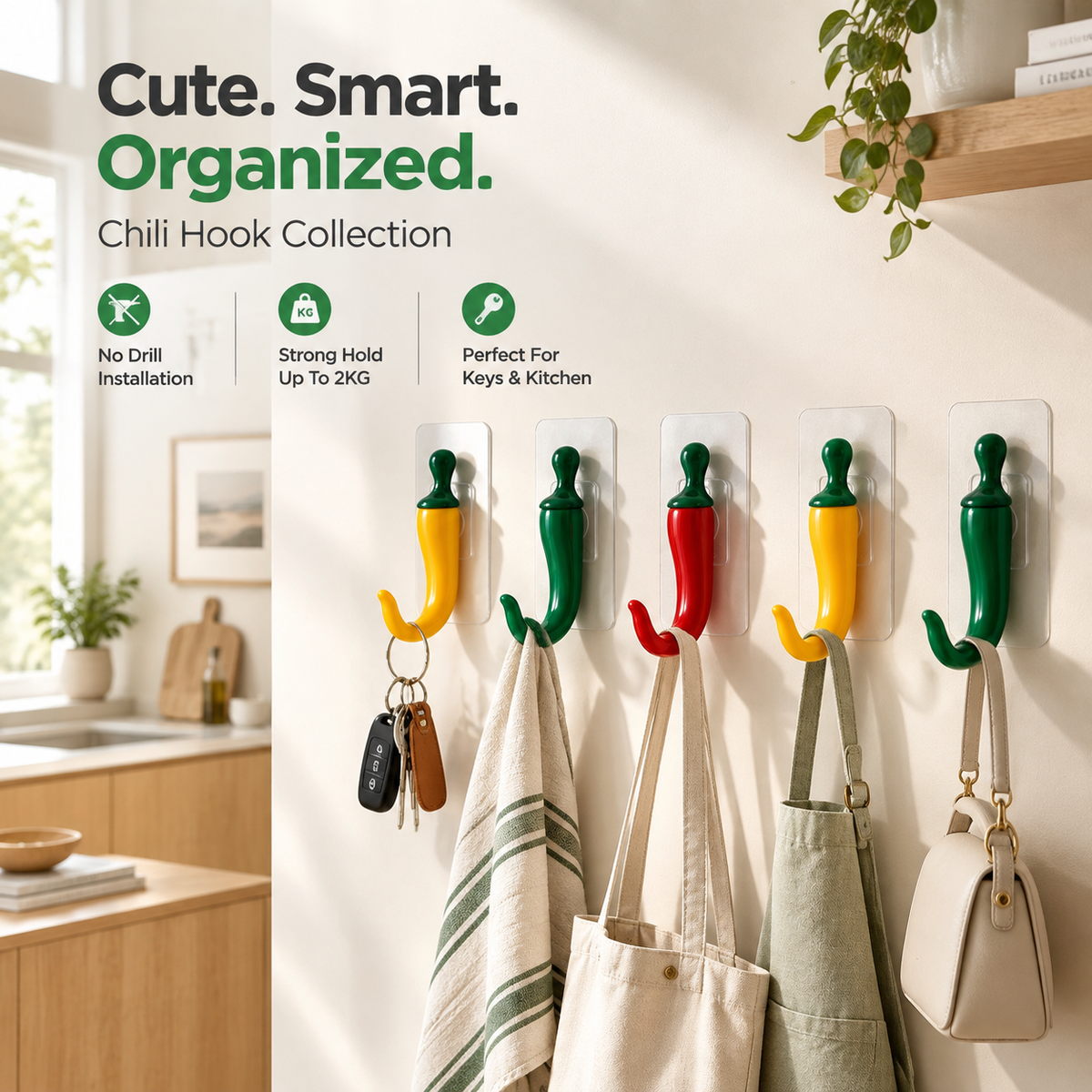 🌶️ Chili-Shaped No-Drill Wall Hooks – Fun Adhesive Storage for Keys, Towels & More