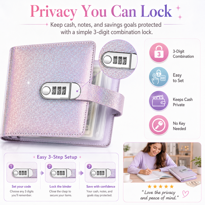 🔐 Glitter Cash Budget Binder – Organize Your Savings with a 3-Digit Lock