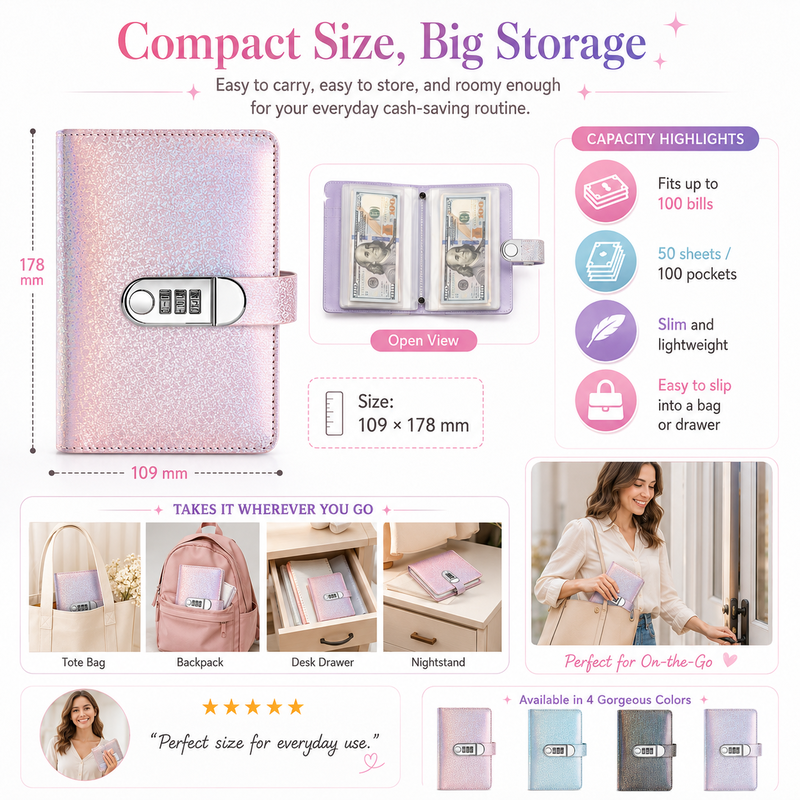 🔐 Glitter Cash Budget Binder – Organize Your Savings with a 3-Digit Lock