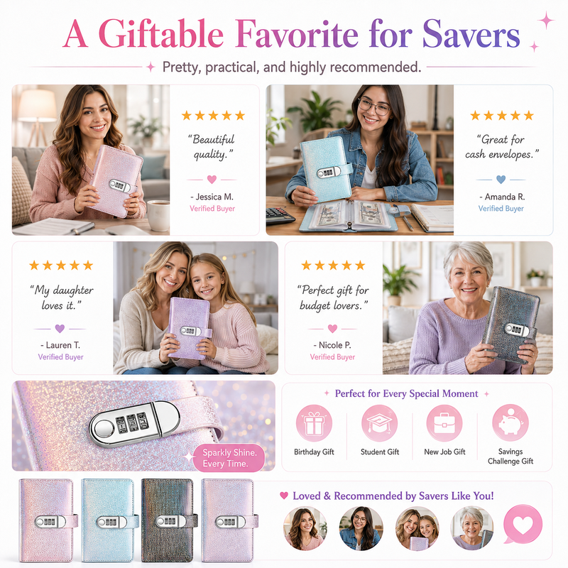 🔐 Glitter Cash Budget Binder – Organize Your Savings with a 3-Digit Lock