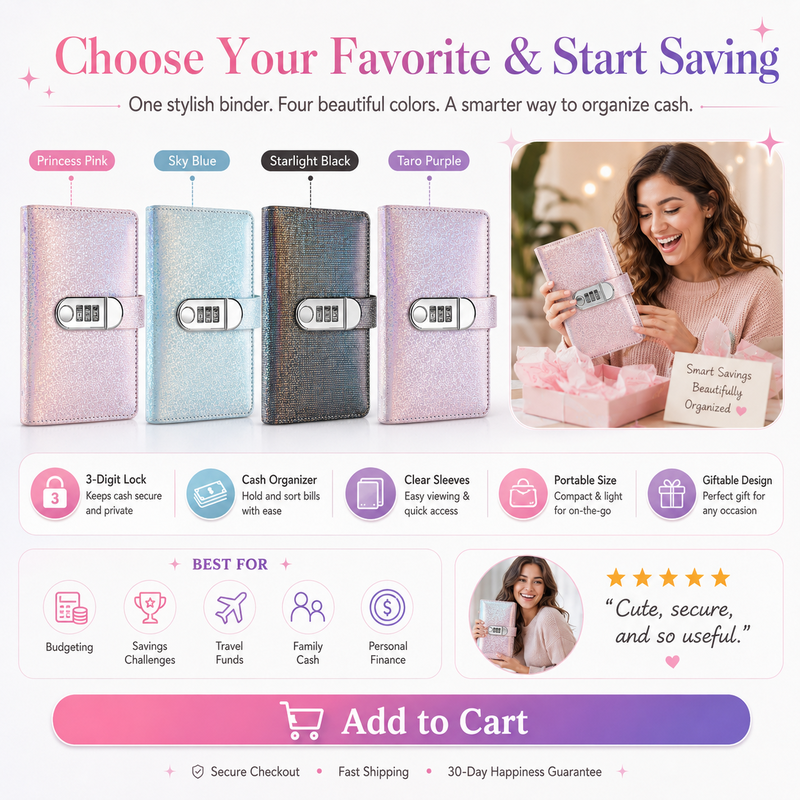 🔐 Glitter Cash Budget Binder – Organize Your Savings with a 3-Digit Lock