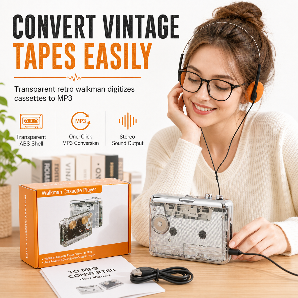 🎵Transparent Cassette Player – Tape to MP3 Converter, Type-C & Hi-Fi Stereo