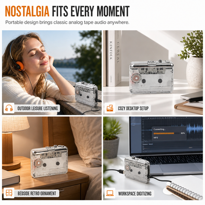 🎵Transparent Cassette Player – Tape to MP3 Converter, Type-C & Hi-Fi Stereo