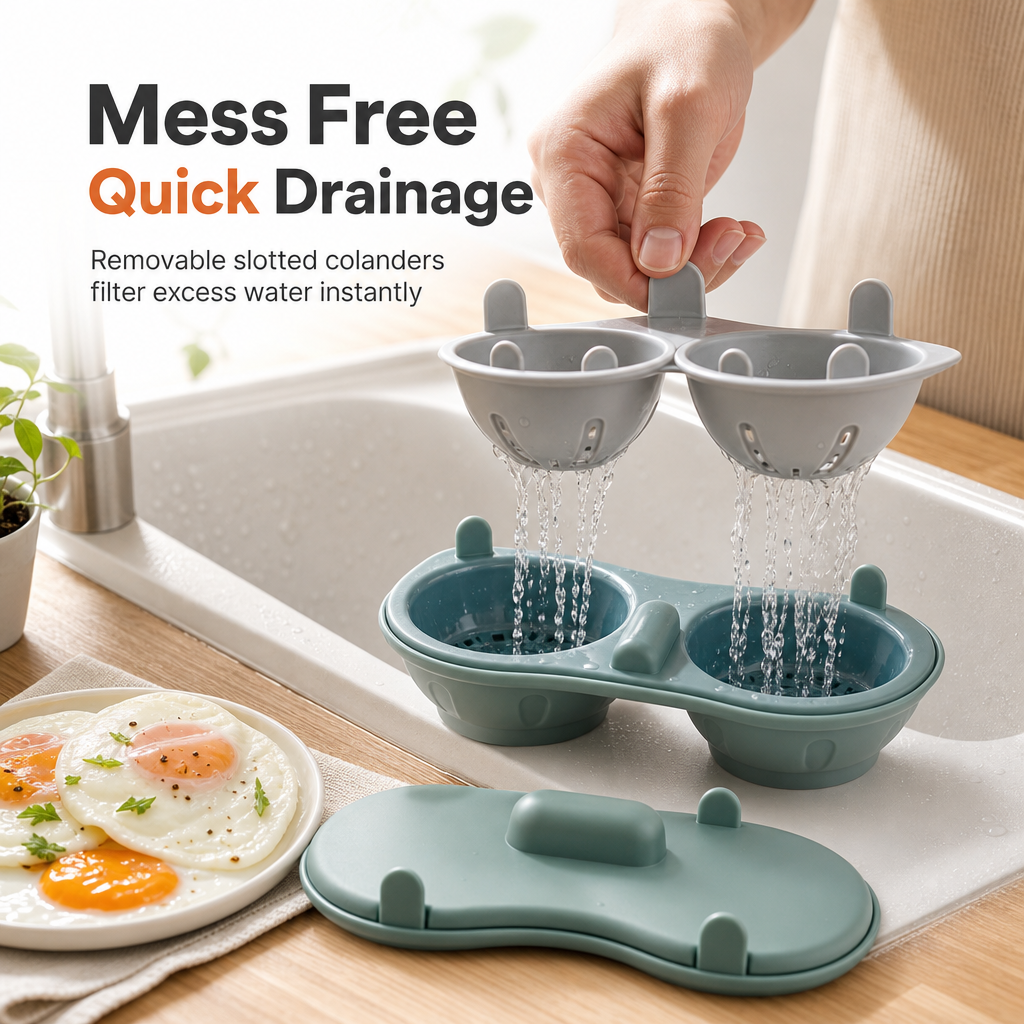🍳✨ 2-Egg Microwave Poacher with Draining Baskets – Easy Breakfast Egg Cooker 🥚