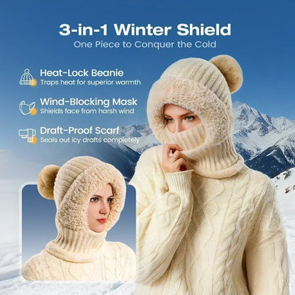 🎉🎁70% OFF!!!-Ready for Winter!!!❄️✨Women 3-in-1 Knitted Balaclava Hat, Fleece Lined Warm Hood Beanie with Scarf & Face Mask, Pom Pom Winter Hat for Outdoor Skiing🧣
