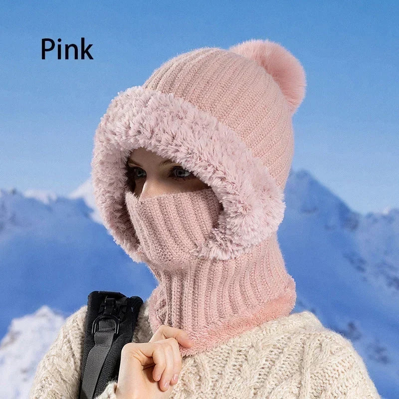 🎉🎁70% OFF!!!-Ready for Winter!!!❄️✨Women 3-in-1 Knitted Balaclava Hat, Fleece Lined Warm Hood Beanie with Scarf & Face Mask, Pom Pom Winter Hat for Outdoor Skiing🧣