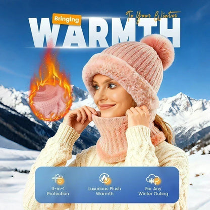 🎉🎁70% OFF!!!-Ready for Winter!!!❄️✨Women 3-in-1 Knitted Balaclava Hat, Fleece Lined Warm Hood Beanie with Scarf & Face Mask, Pom Pom Winter Hat for Outdoor Skiing🧣