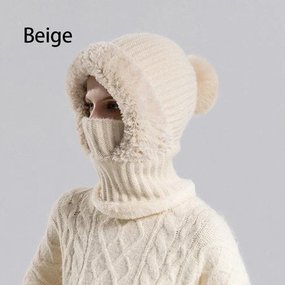 🎉🎁70% OFF!!!-Ready for Winter!!!❄️✨Women 3-in-1 Knitted Balaclava Hat, Fleece Lined Warm Hood Beanie with Scarf & Face Mask, Pom Pom Winter Hat for Outdoor Skiing🧣