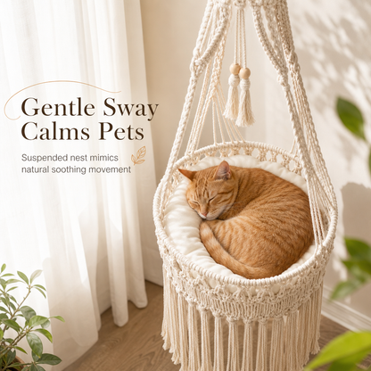 🐱🌿 Boho Macramé Hanging Cat Hammock – Cozy Off-White Cat Swing Bed in 2 Sizes