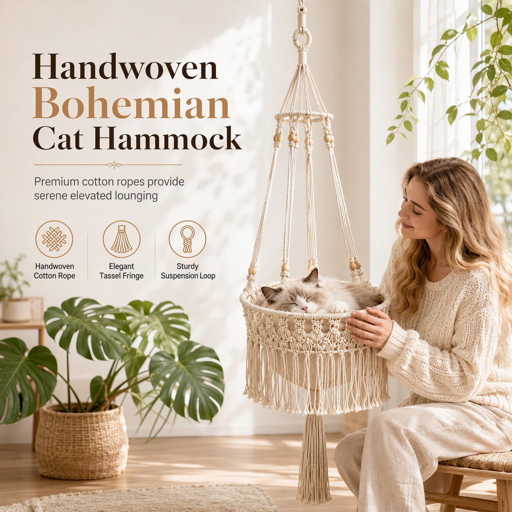🐱🌿 Boho Macramé Hanging Cat Hammock – Cozy Off-White Cat Swing Bed in 2 Sizes
