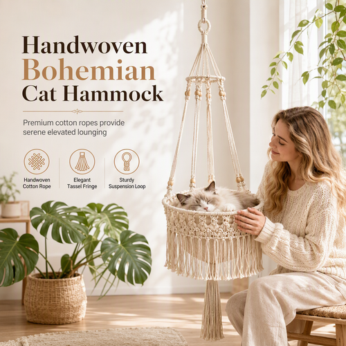 🐱🌿 Boho Macramé Hanging Cat Hammock – Cozy Off-White Cat Swing Bed in 2 Sizes