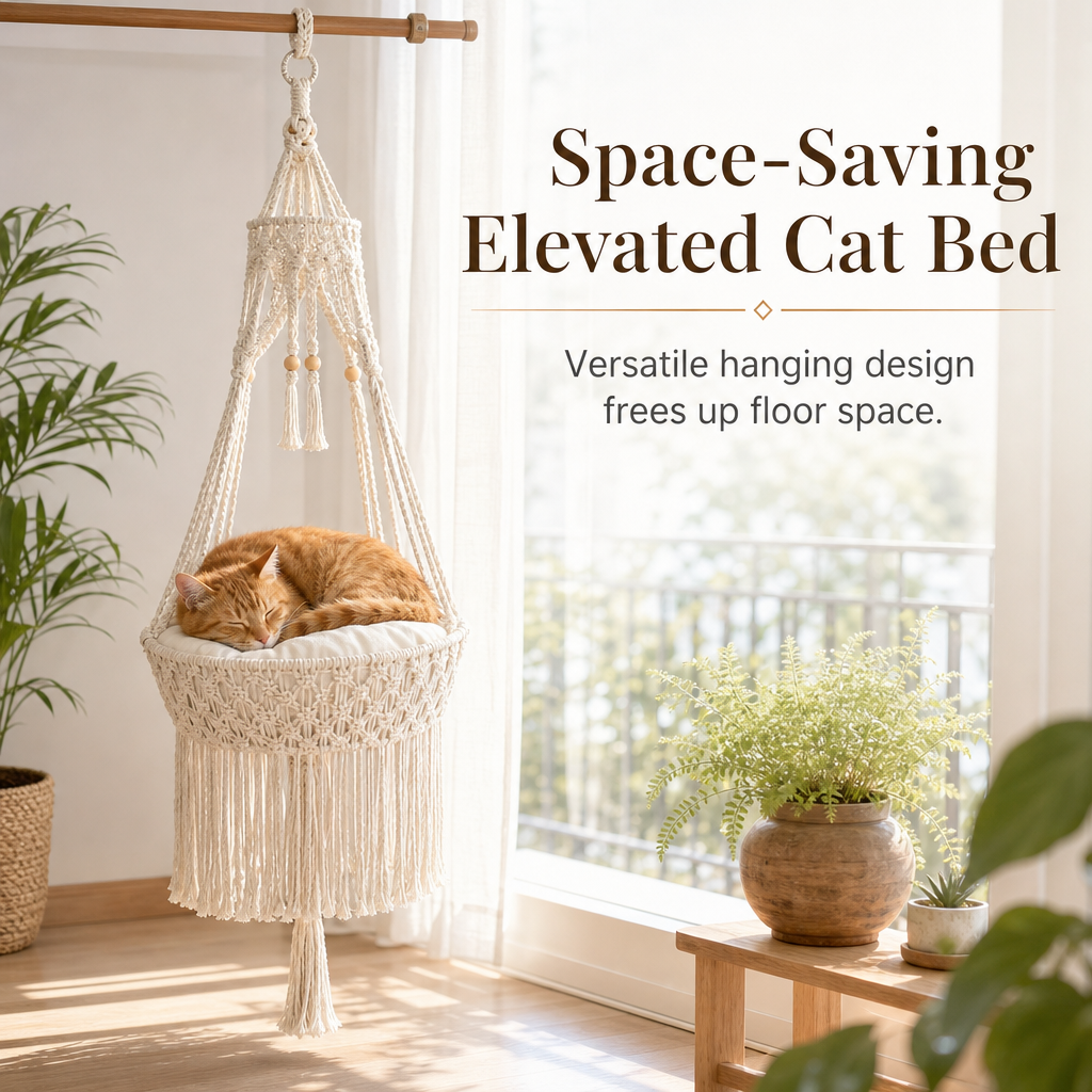 🐱🌿 Boho Macramé Hanging Cat Hammock – Cozy Off-White Cat Swing Bed in 2 Sizes