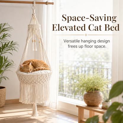 🐱🌿 Boho Macramé Hanging Cat Hammock – Cozy Off-White Cat Swing Bed in 2 Sizes