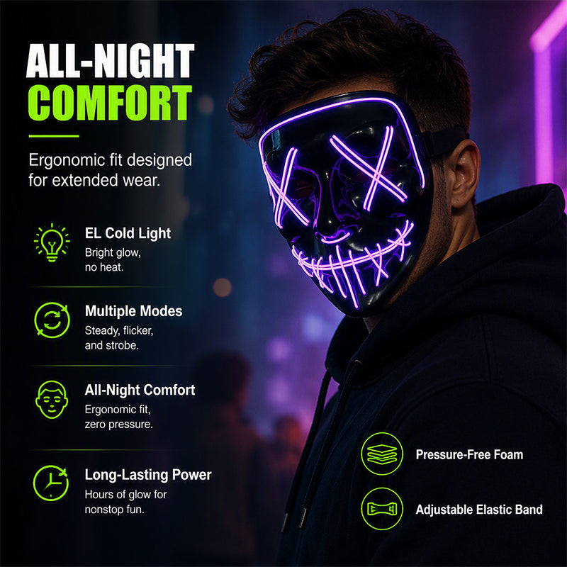 Neon EL Light-Up Halloween Mask – 3 Glow Modes, 8 Colors
