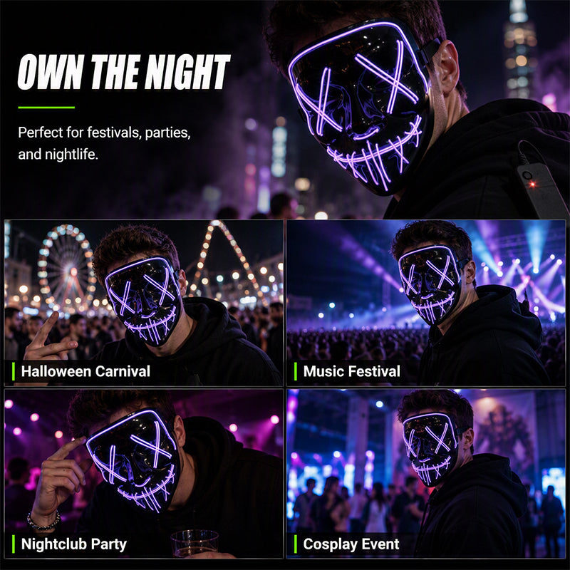 Neon EL Light-Up Halloween Mask – 3 Glow Modes, 8 Colors