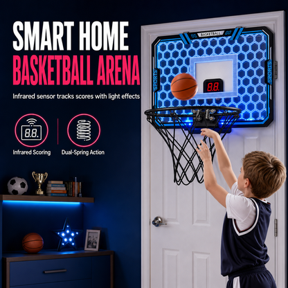 📢📢 50% OFF🏀Kids Indoor Basketball Hoop with LED Lights & Electronic Scoring – Hanging Foldable Basketball Goal with 16cm Ball