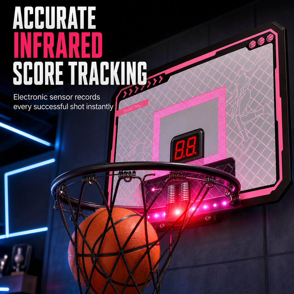 📢📢 50% OFF🏀Kids Indoor Basketball Hoop with LED Lights & Electronic Scoring – Hanging Foldable Basketball Goal with 16cm Ball