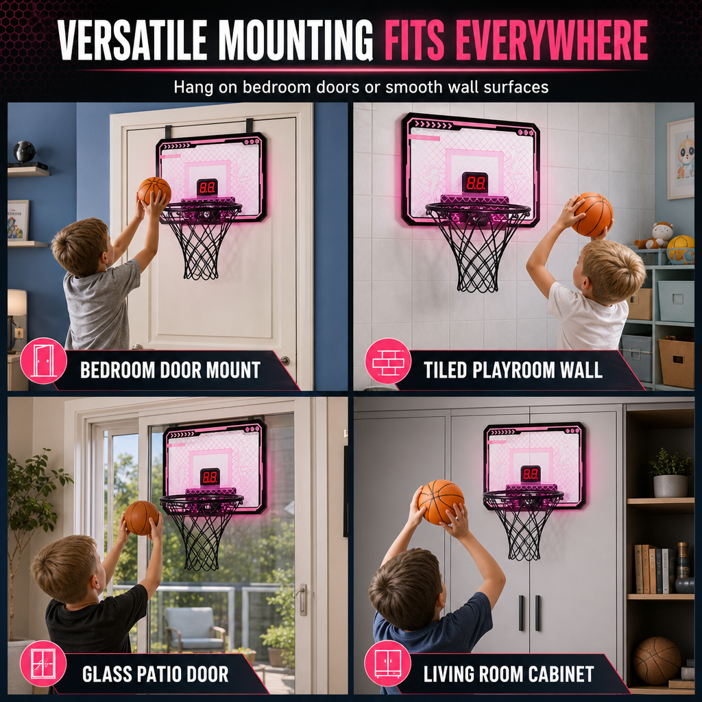 📢📢 50% OFF🏀Kids Indoor Basketball Hoop with LED Lights & Electronic Scoring – Hanging Foldable Basketball Goal with 16cm Ball
