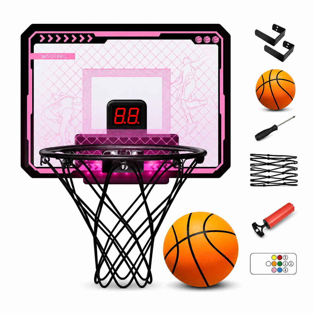 📢📢 50% OFF🏀Kids Indoor Basketball Hoop with LED Lights & Electronic Scoring – Hanging Foldable Basketball Goal with 16cm Ball