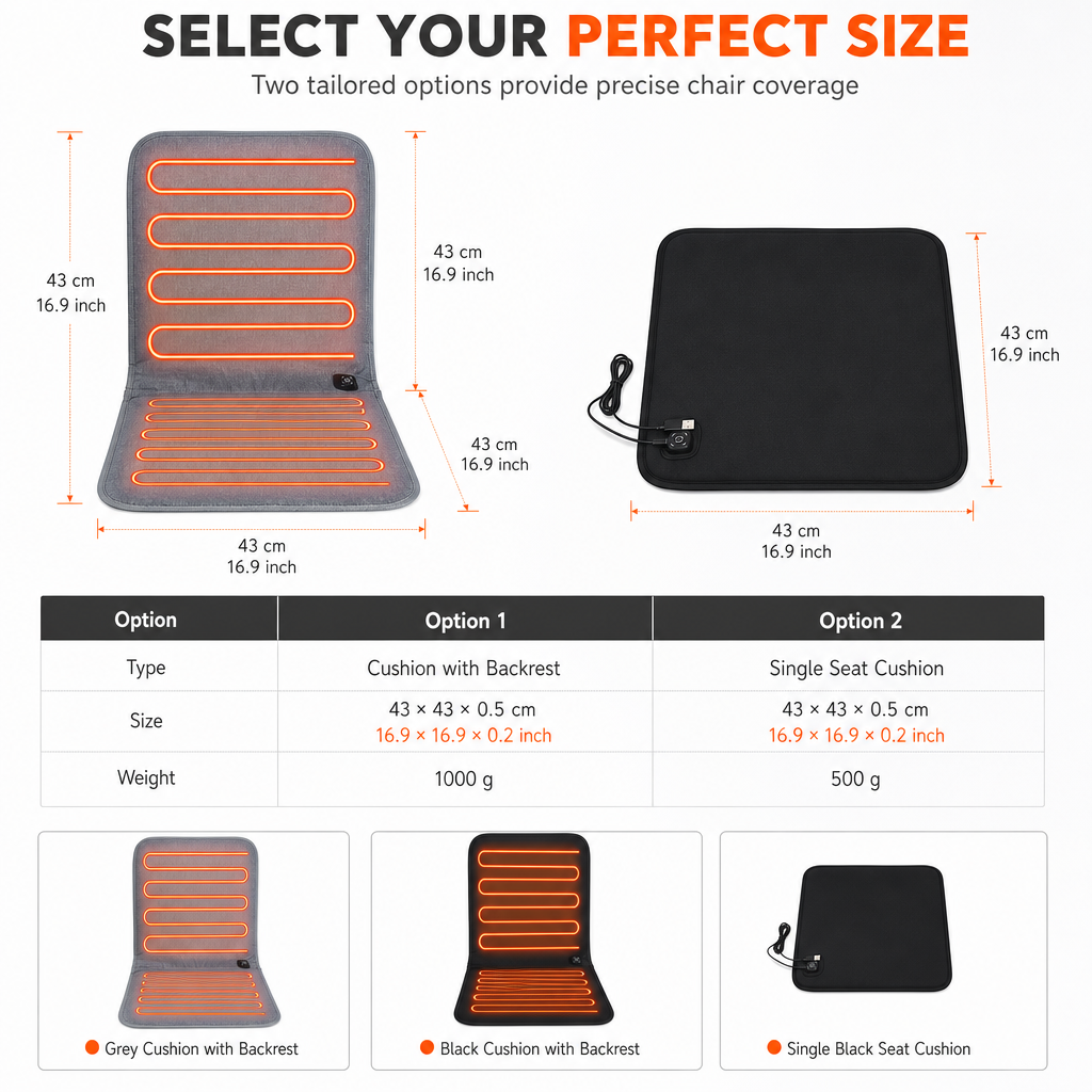 Heated Chair Cushion with Backrest – 3 Heat Settings