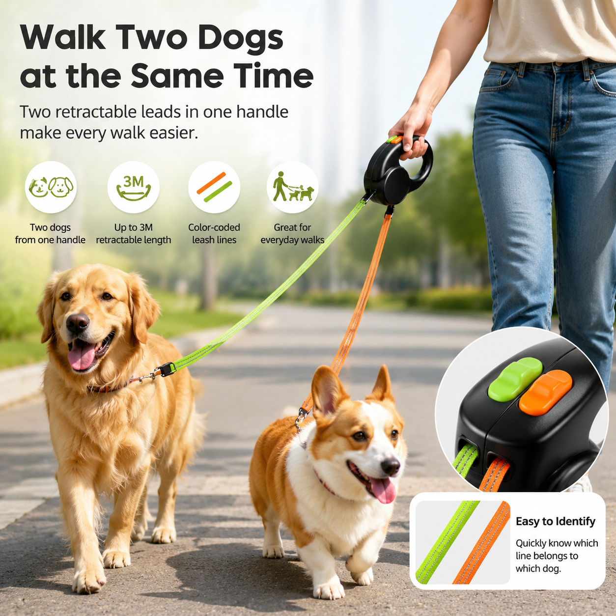 🐕 Dual Retractable Dog Leash – For 2 Dogs, Tangle-Free Walking Comfort 🐾