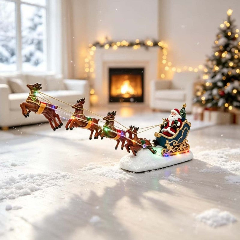 🎅 Lighted Santa Sleigh & Flying Reindeer Figurine – Warm LED Christmas Decor